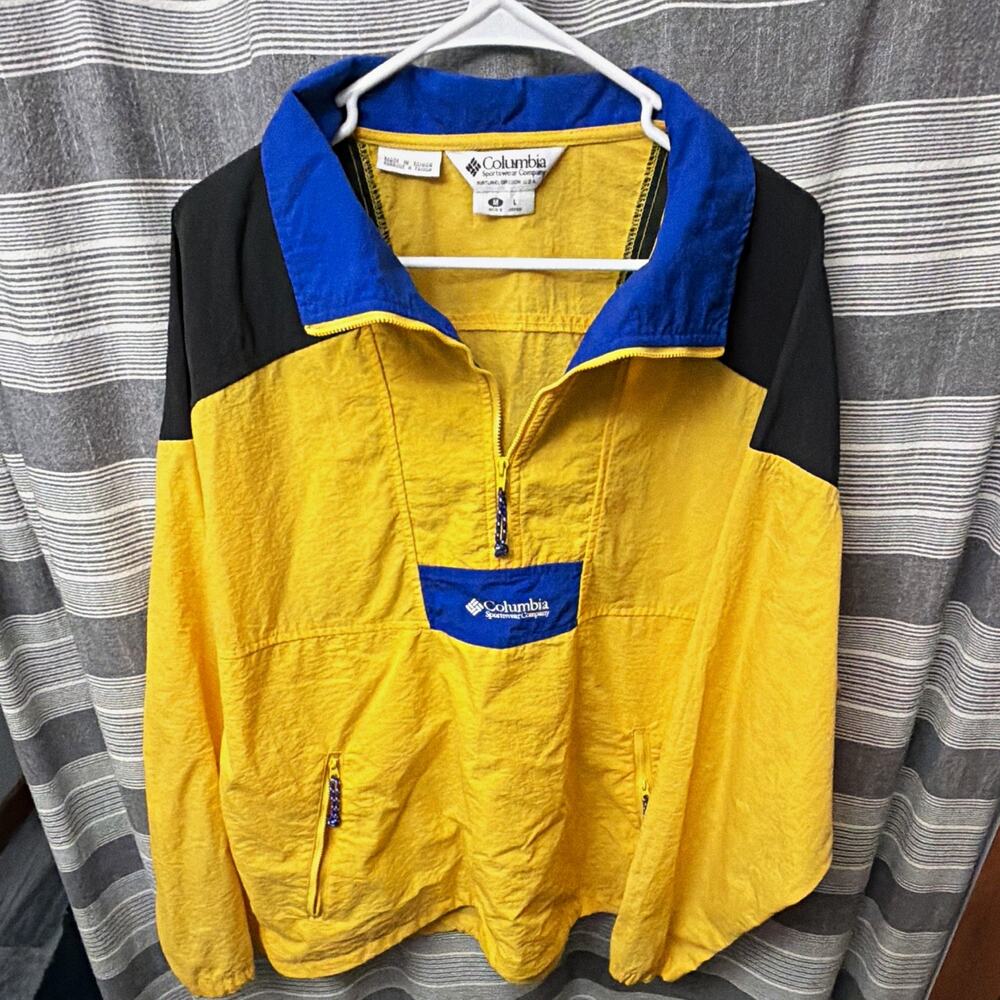 Vintage Columbia Men’s M Yellow Blue Colorblock Pullover Anorak Windbreaker